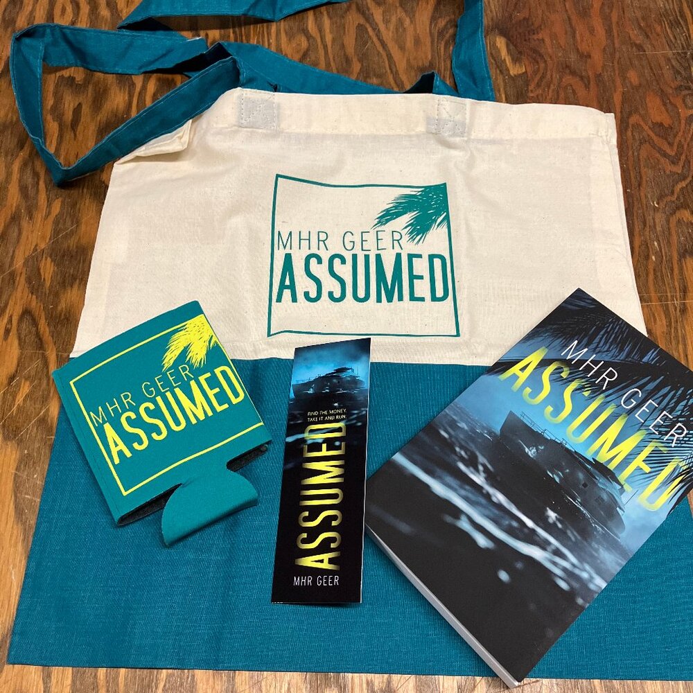 Assumed by MHR Geer signed PB book bookmark tote bag drink cozy
